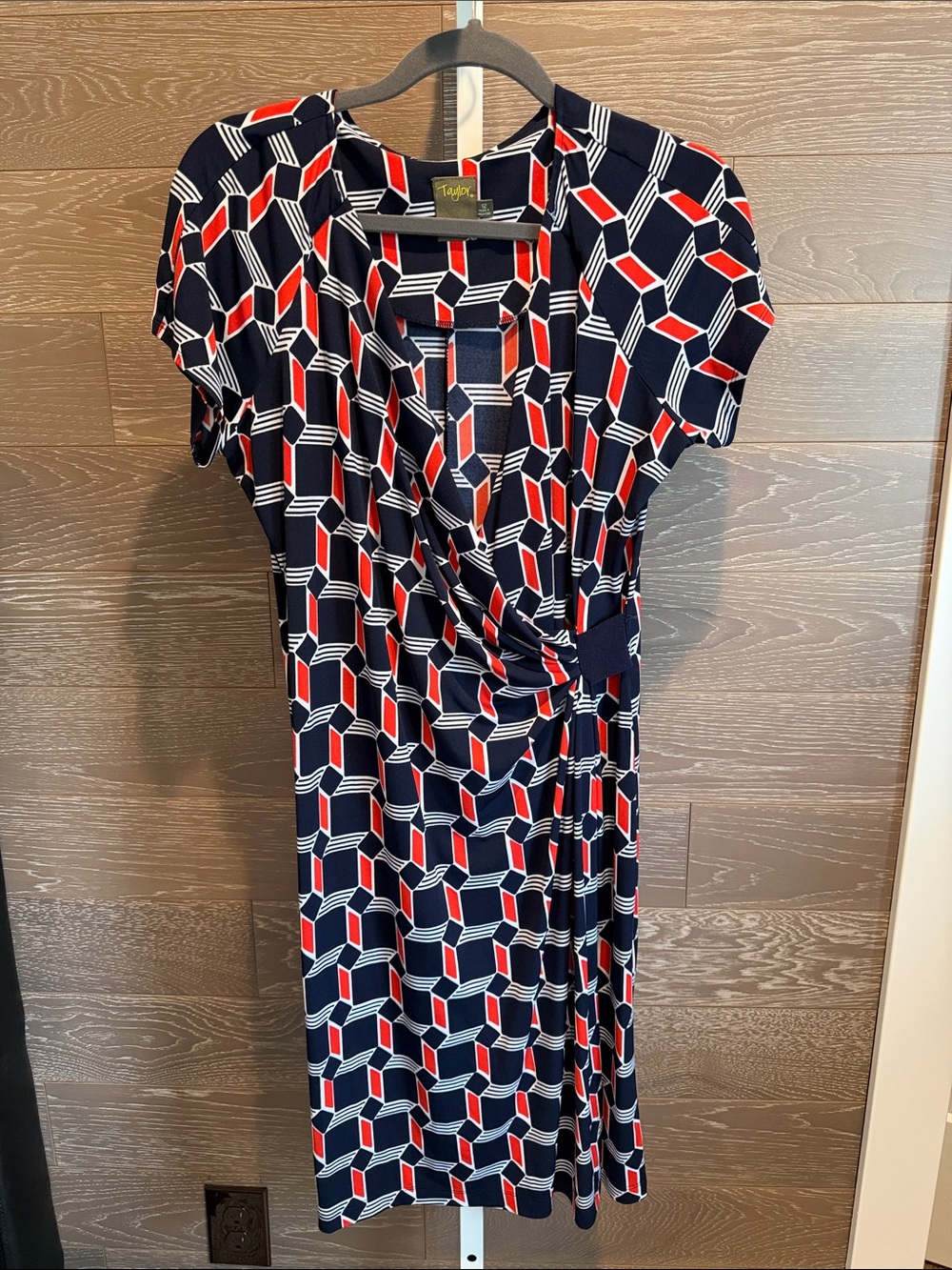 Taylor Navy, Red & White Geometric Wrap-Style Dress